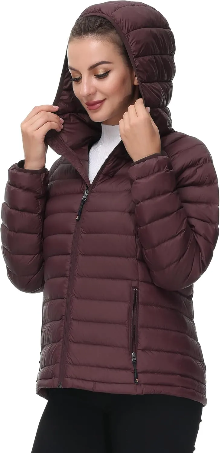 SLOW DOWN Women Lightweight Down Puffer Jacket, Women Hooded Packable Winter Jacket