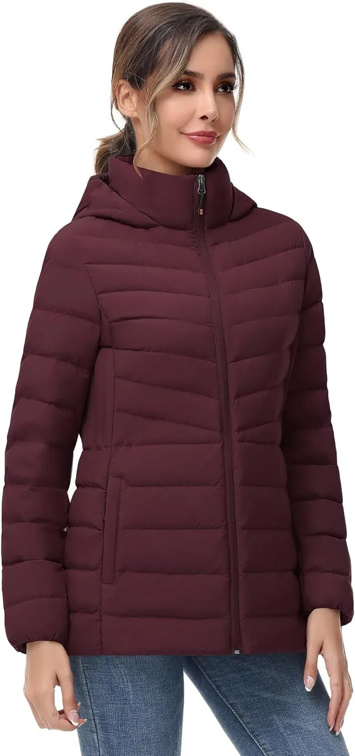 SLOW DOWN Women Winter Down Puffer Coat Warm Hooded Mid-Length Down Jacket for Women with Faux Fur Trim Hood and Pile Collar