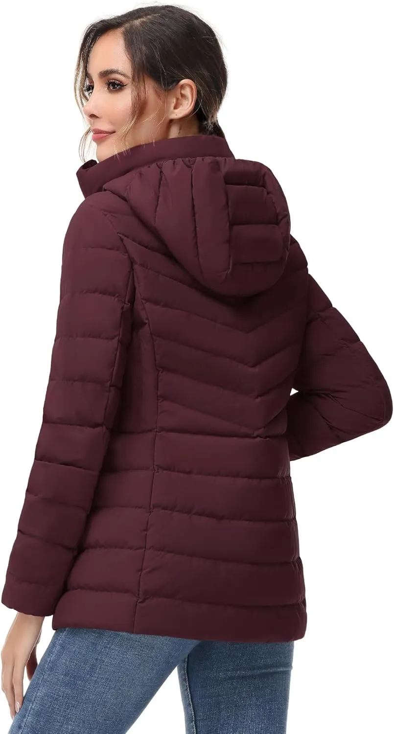 SLOW DOWN Women Winter Down Puffer Coat Warm Hooded Mid-Length Down Jacket for Women with Faux Fur Trim Hood and Pile Collar