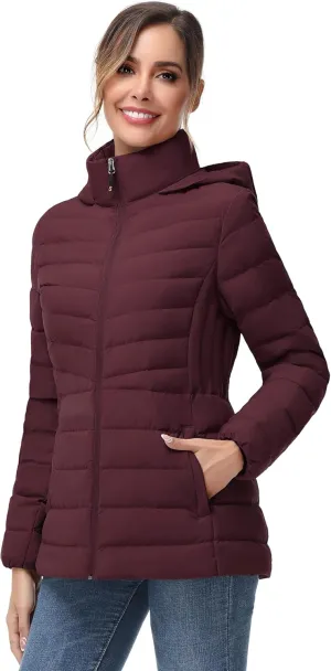 SLOW DOWN Women Winter Down Puffer Coat Warm Hooded Mid-Length Down Jacket for Women with Faux Fur Trim Hood and Pile Collar