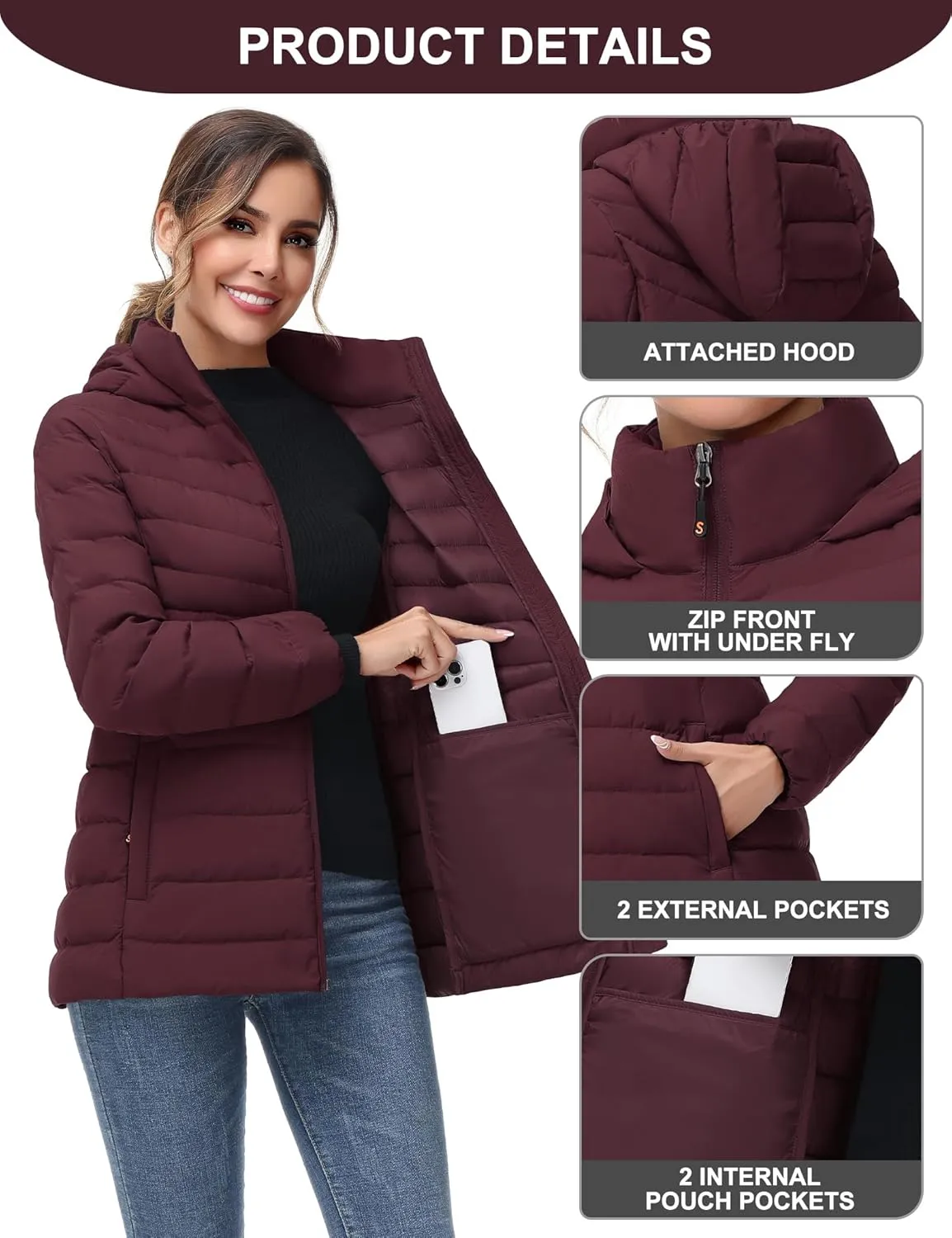 SLOW DOWN Women Winter Down Puffer Coat Warm Hooded Mid-Length Down Jacket for Women with Faux Fur Trim Hood and Pile Collar