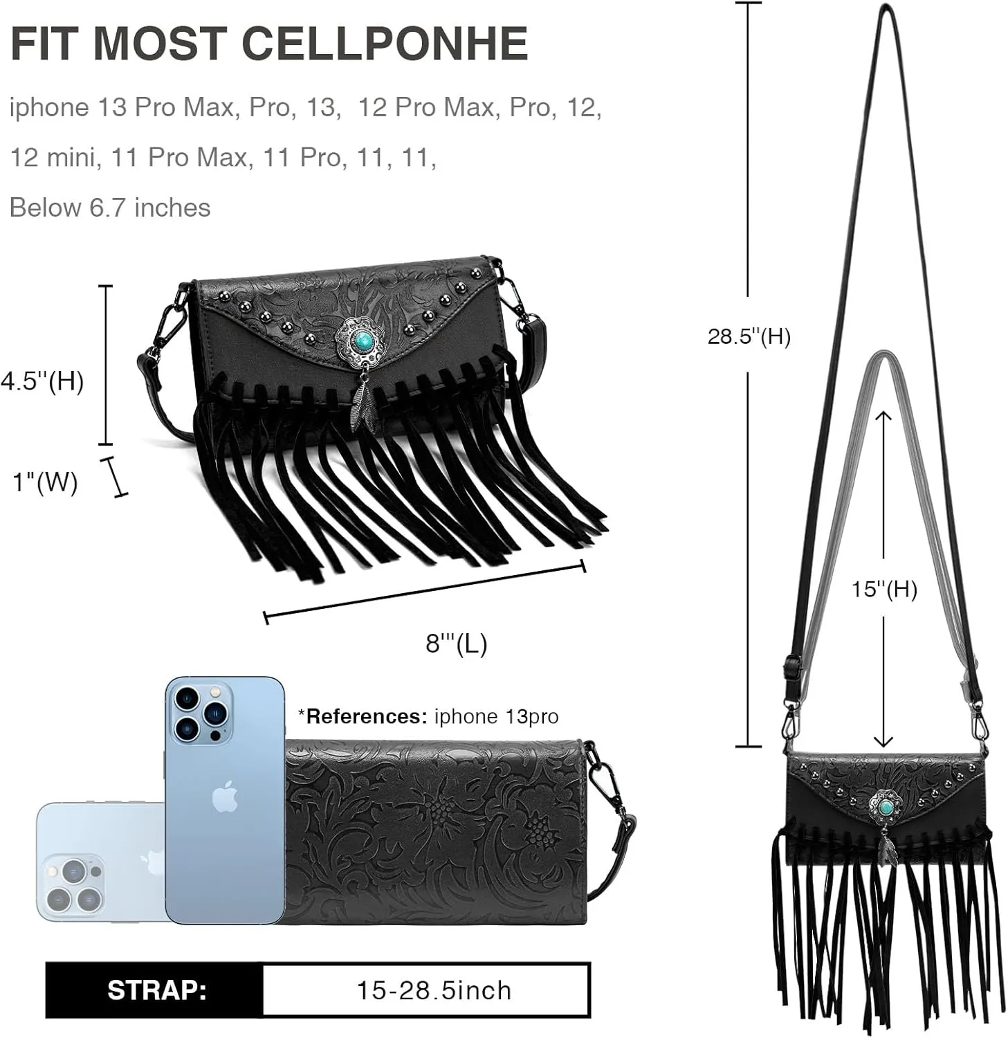 Small Crossbody Bags for Women Crossbody Handbag Fringe Purse Tassel Shoulder Bag Turquoise Concho Wallet