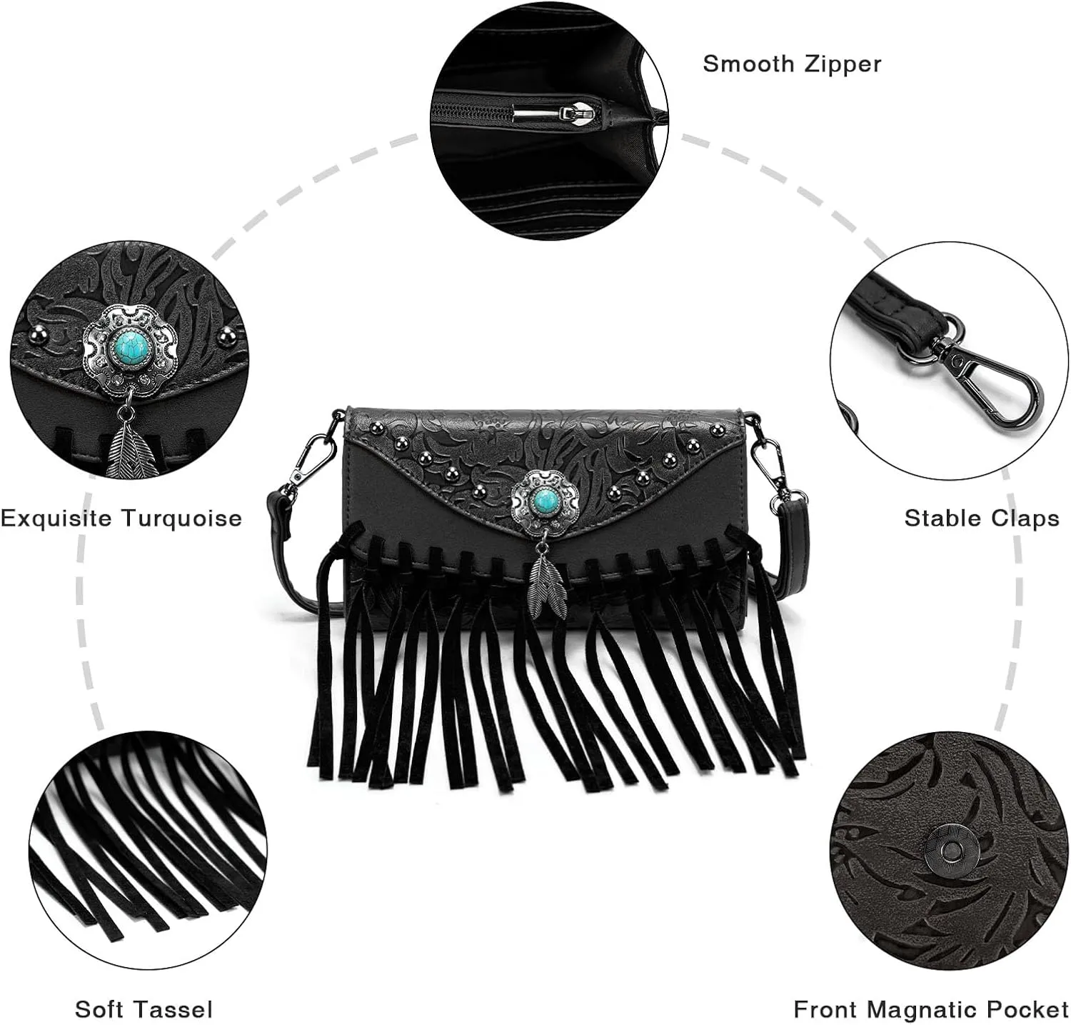 Small Crossbody Bags for Women Crossbody Handbag Fringe Purse Tassel Shoulder Bag Turquoise Concho Wallet