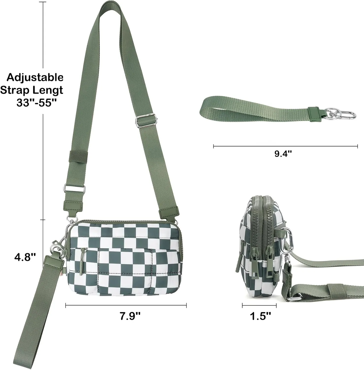 Small Crossbody Bags for Women Nylon Quilted Wristlet RFID Wallets with 4 Zipper Carry All Purse Credit Card Holder