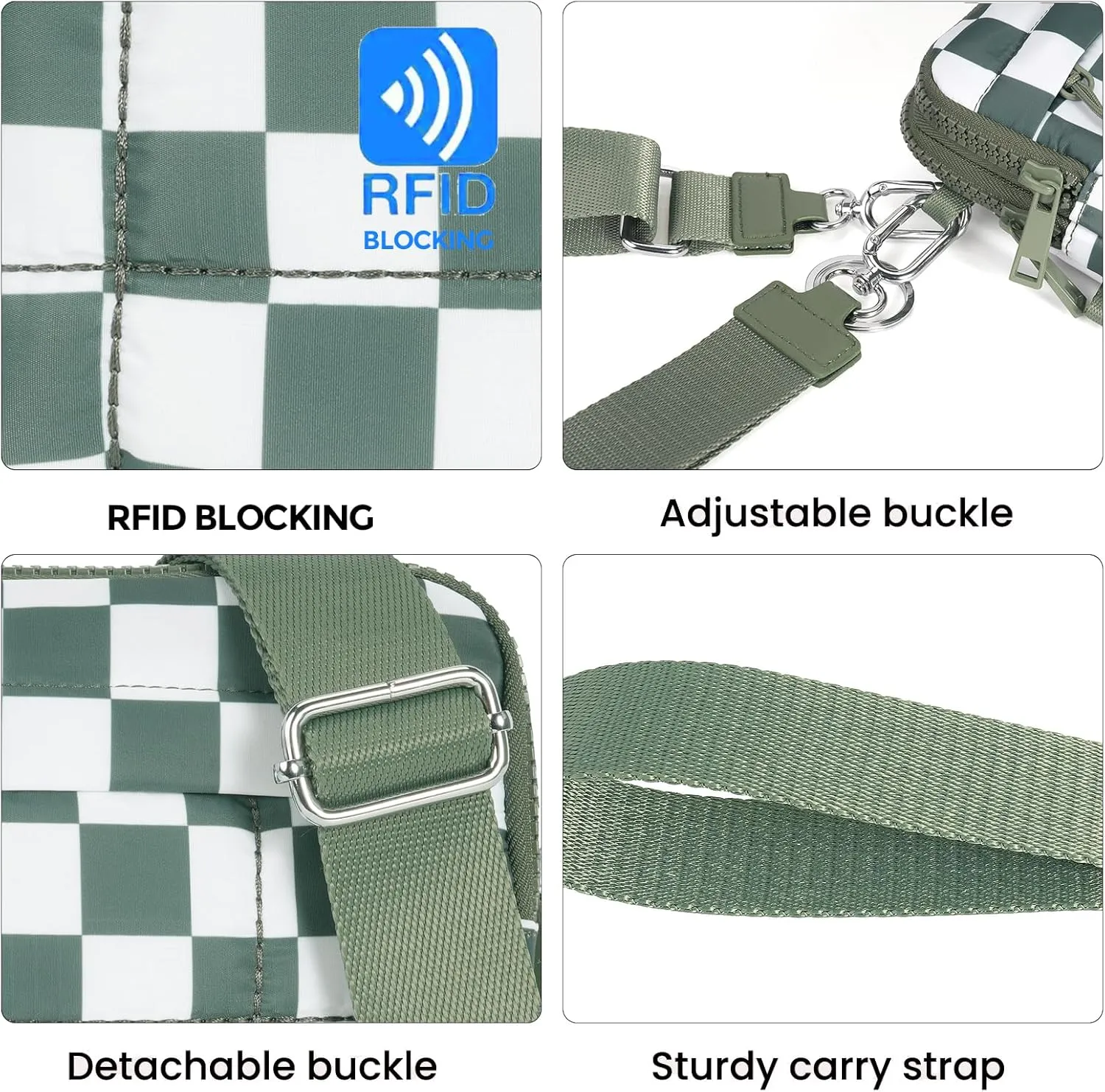 Small Crossbody Bags for Women Nylon Quilted Wristlet RFID Wallets with 4 Zipper Carry All Purse Credit Card Holder