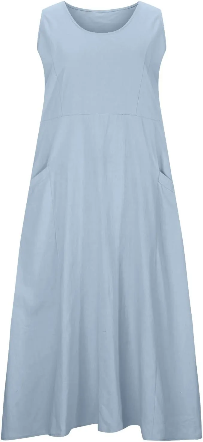 SMIDOW Cotton Dresses for Women Casual Summer 2024 Solid Beach Flowy Tshirt Sundress Sleeveless Tank Long Dress with Pockets