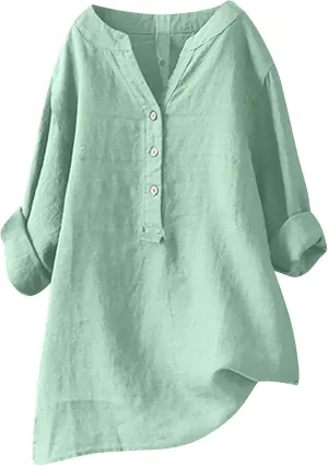SMIDOW Linen Tops for Women Summer Plus Size Button Down Cotton Linen Shirts Long Sleeve v Neck Loose Comfy Blouse 2023
