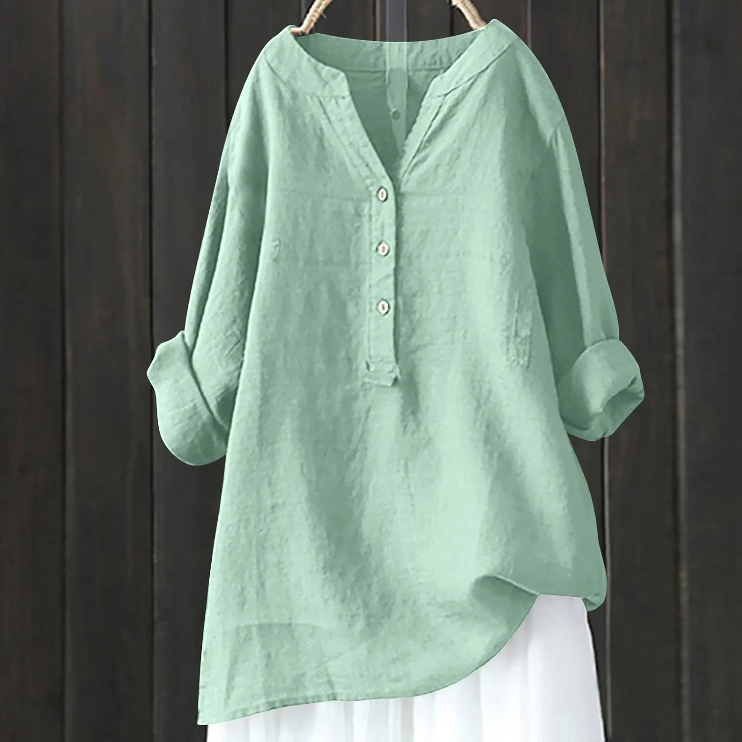 SMIDOW Linen Tops for Women Summer Plus Size Button Down Cotton Linen Shirts Long Sleeve v Neck Loose Comfy Blouse 2023
