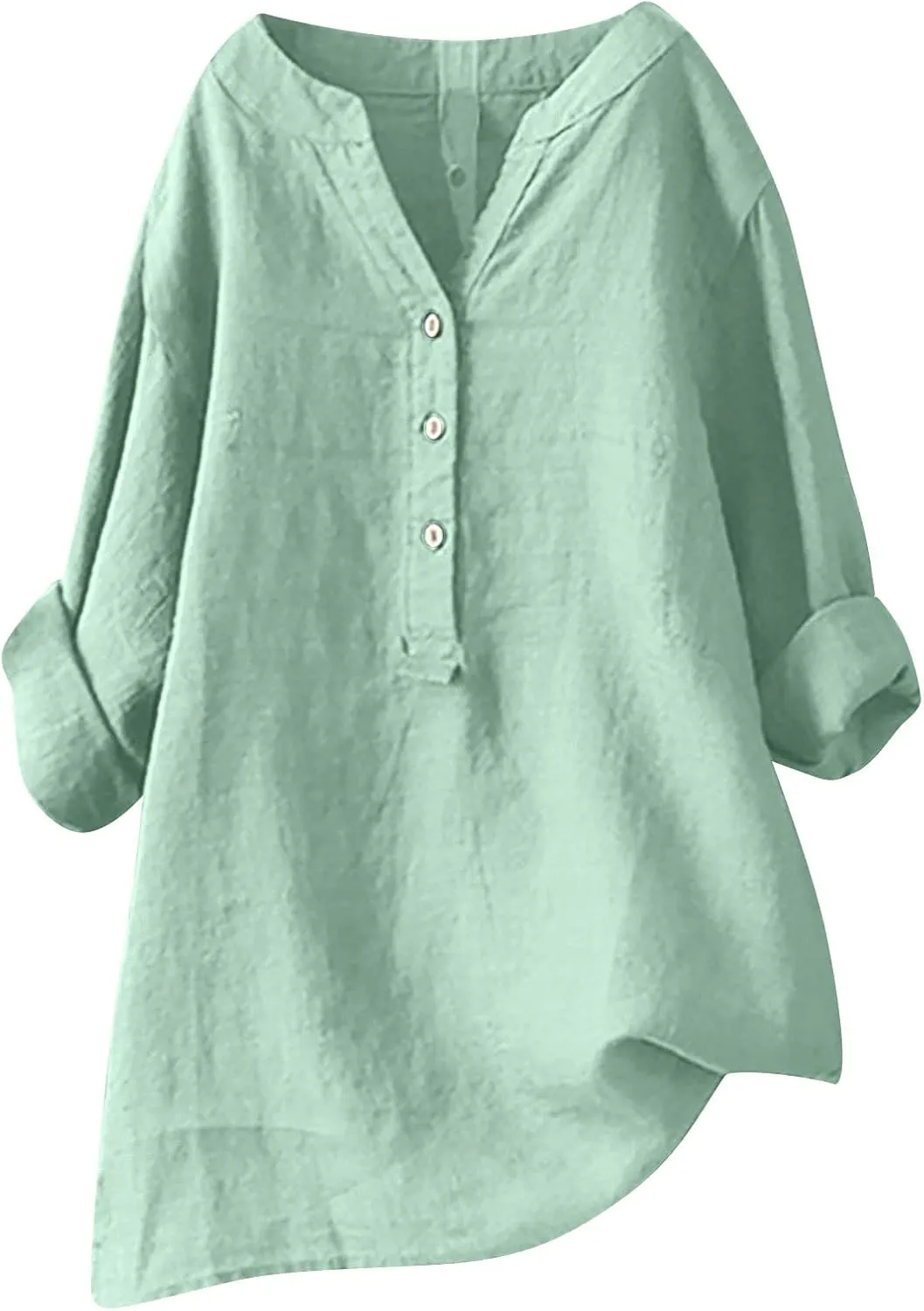 SMIDOW Linen Tops for Women Summer Plus Size Button Down Cotton Linen Shirts Long Sleeve v Neck Loose Comfy Blouse 2023