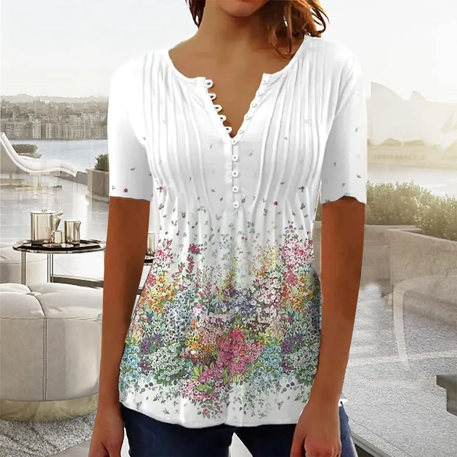 SMIDOW Womens Tunic Tops Trendy Vintage Boho Shirts Short Sleeve Notch v Neck t-Shirt 2023 Casual Summer Blouse Empire Waist