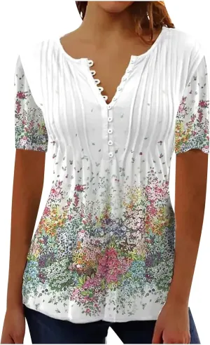 SMIDOW Womens Tunic Tops Trendy Vintage Boho Shirts Short Sleeve Notch v Neck t-Shirt 2023 Casual Summer Blouse Empire Waist