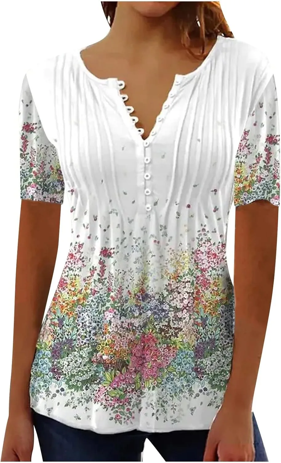 SMIDOW Womens Tunic Tops Trendy Vintage Boho Shirts Short Sleeve Notch v Neck t-Shirt 2023 Casual Summer Blouse Empire Waist