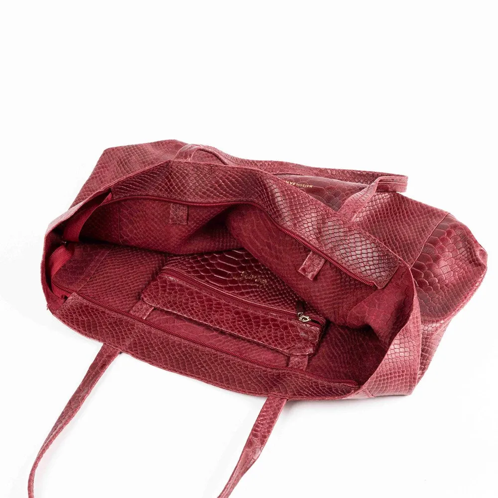 SNAKE PRINT LEATHER TOTE - ROUGE