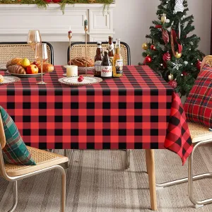 Softalker Christmas Gingham Checkered Rectangle Tablecloth - Buffalo Plaid Farmhouse Table Cloth Waterproof Stain Resistant Table Cover for Kitchen/Party/Holiday - Black and Red, 60 x 84 Inch
