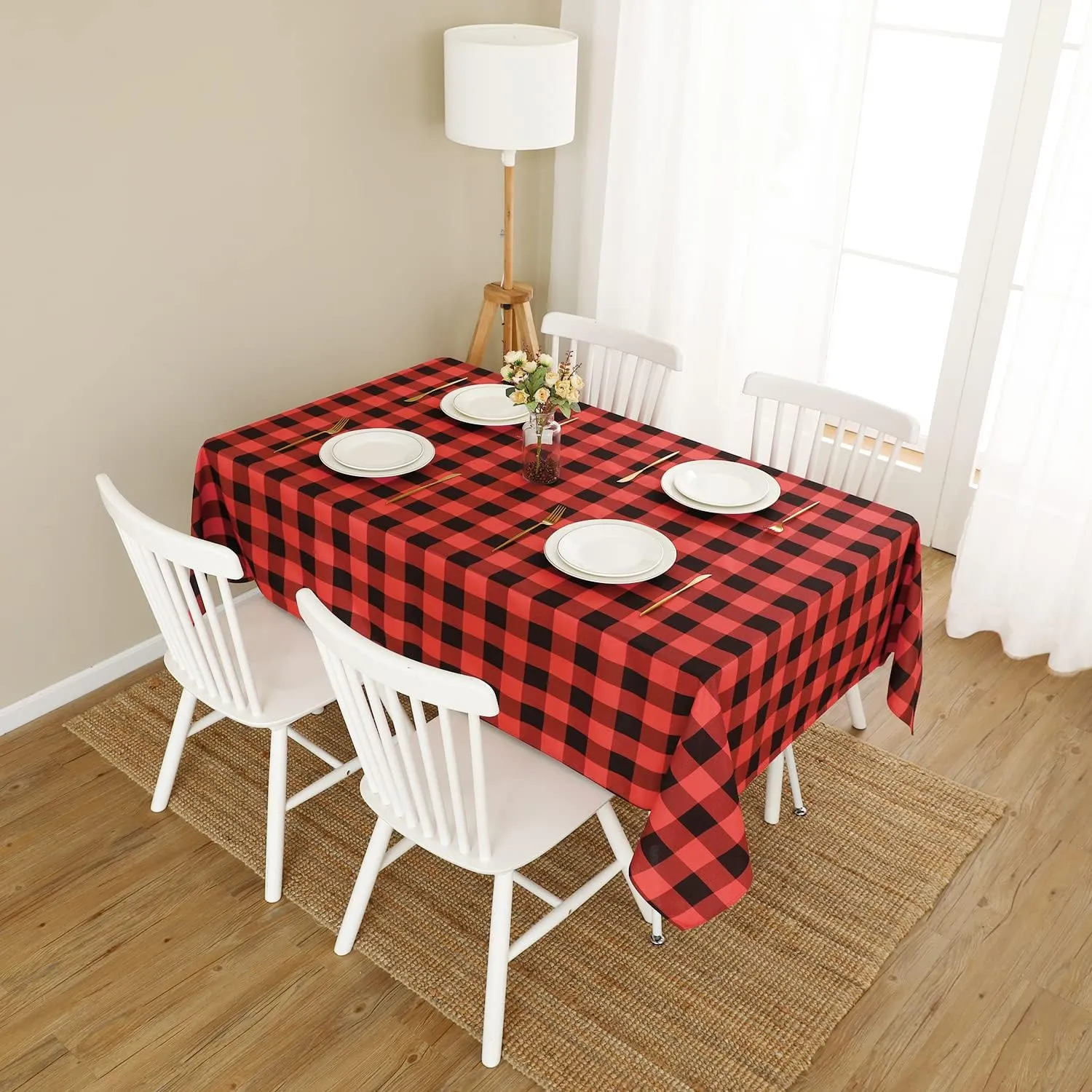 Softalker Christmas Gingham Checkered Rectangle Tablecloth - Buffalo Plaid Farmhouse Table Cloth Waterproof Stain Resistant Table Cover for Kitchen/Party/Holiday - Black and Red, 60 x 84 Inch