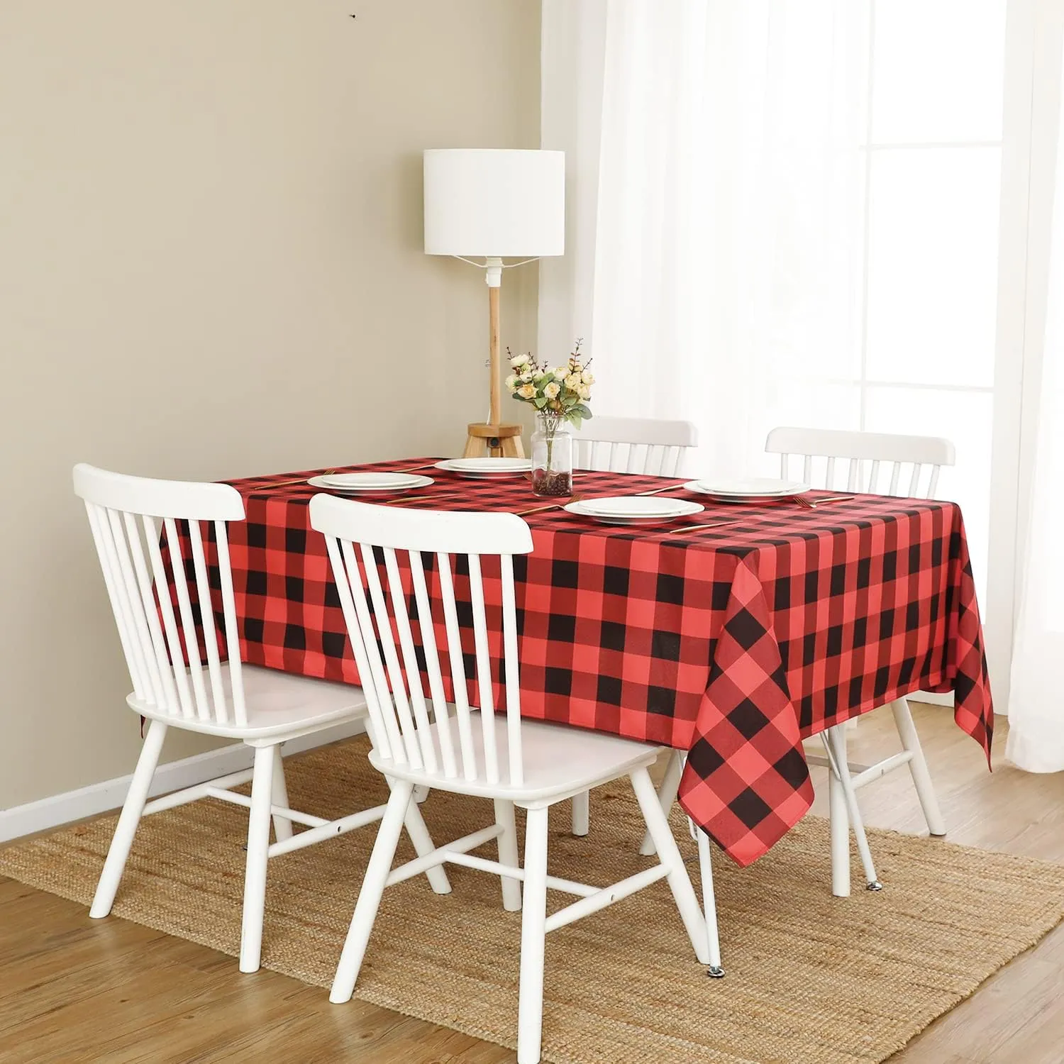 Softalker Christmas Gingham Checkered Rectangle Tablecloth - Buffalo Plaid Farmhouse Table Cloth Waterproof Stain Resistant Table Cover for Kitchen/Party/Holiday - Black and Red, 60 x 84 Inch