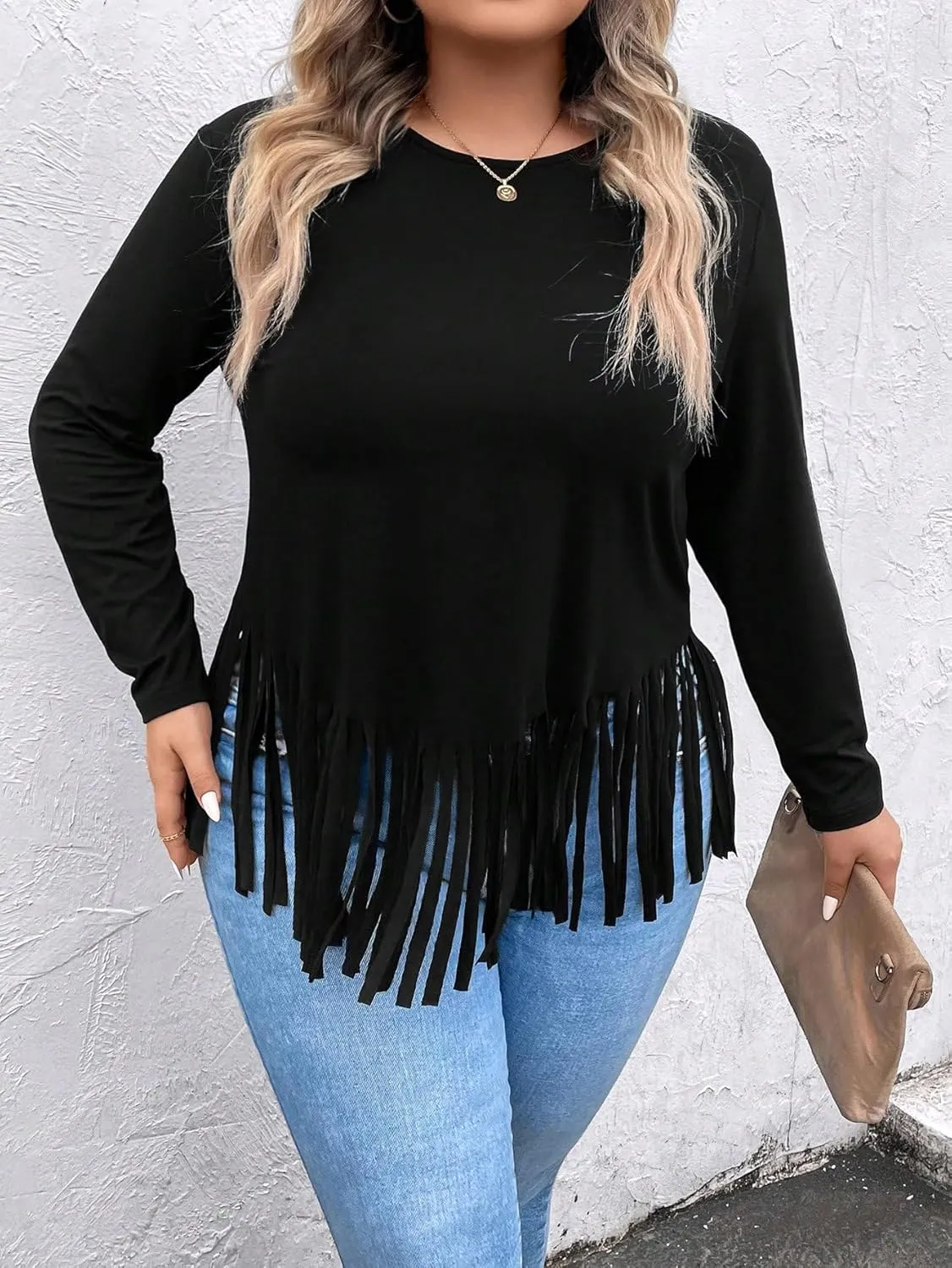 SOLY HUX Women's Plus Size Fringe Hem T Shirts Long Sleeve Round Neck Casual Tee Tops