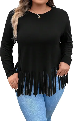 SOLY HUX Women's Plus Size Fringe Hem T Shirts Long Sleeve Round Neck Casual Tee Tops