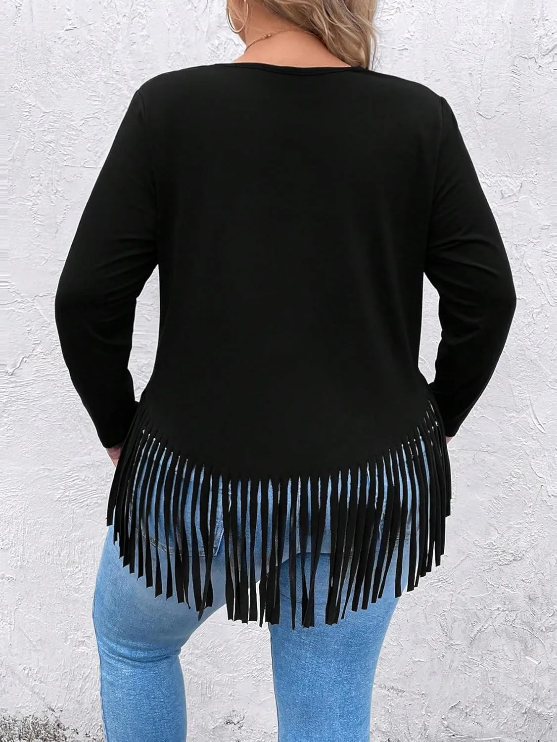SOLY HUX Women's Plus Size Fringe Hem T Shirts Long Sleeve Round Neck Casual Tee Tops