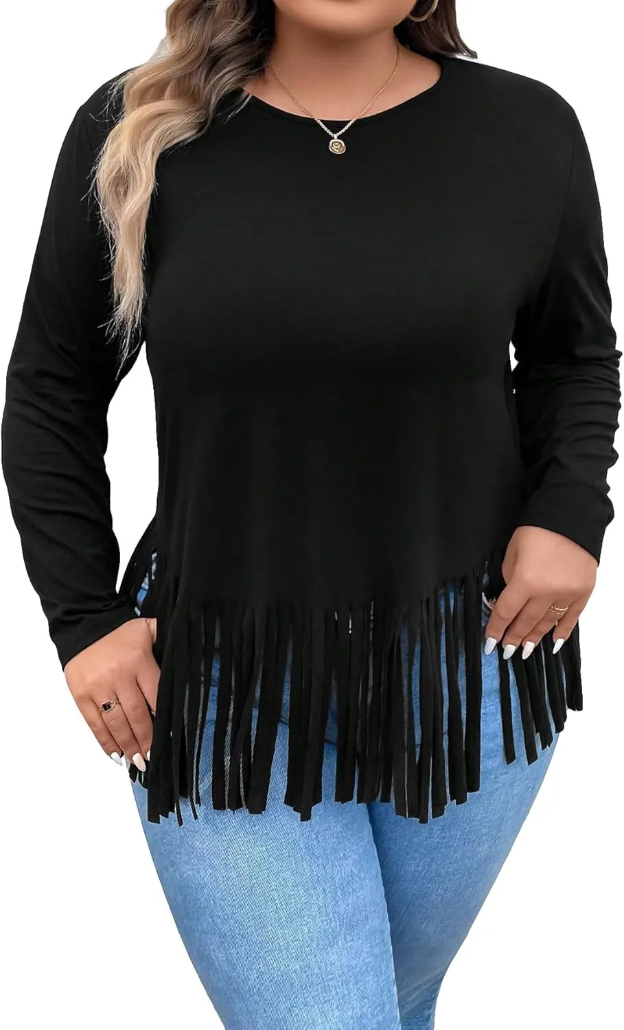 SOLY HUX Women's Plus Size Fringe Hem T Shirts Long Sleeve Round Neck Casual Tee Tops