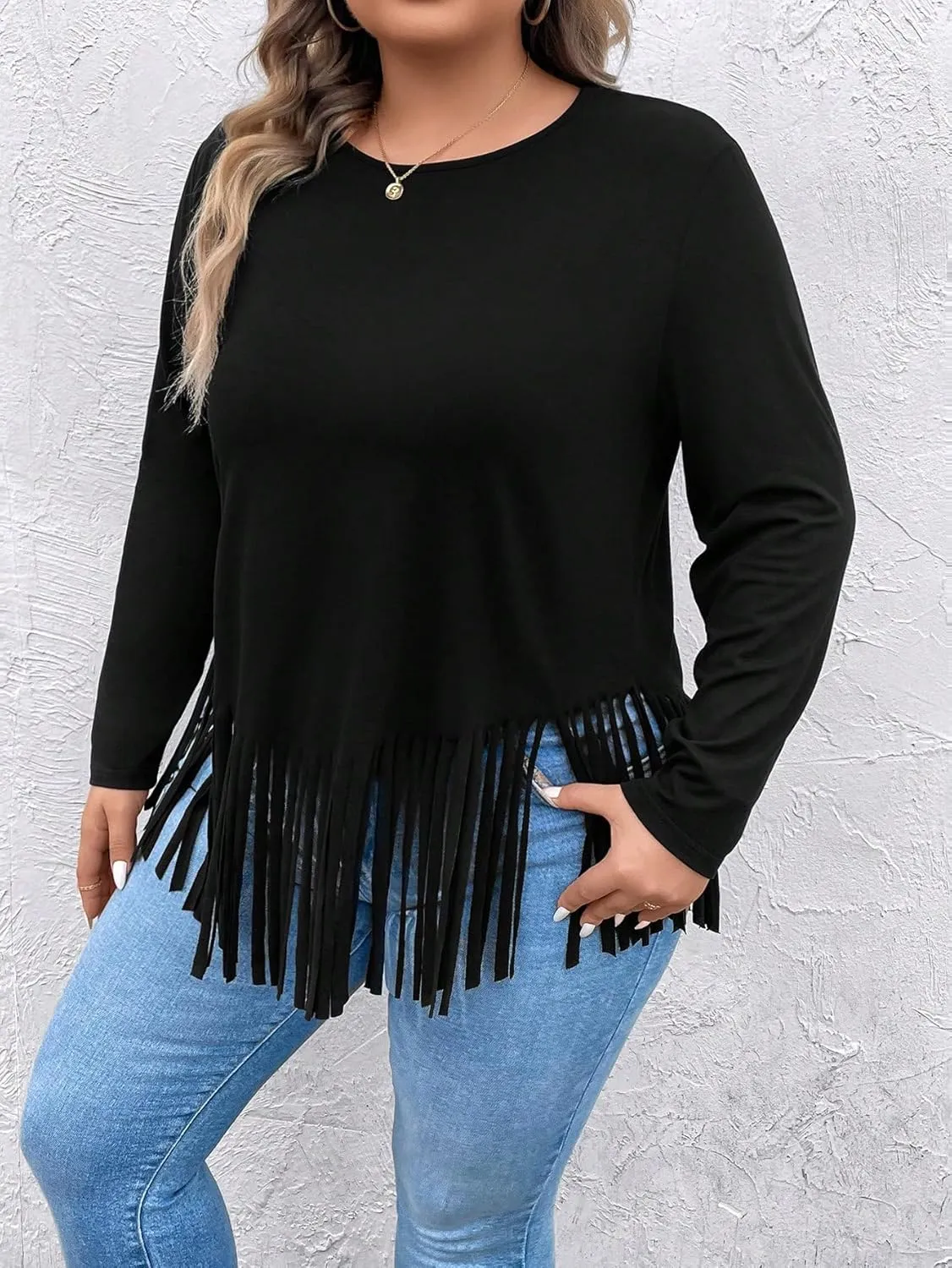 SOLY HUX Women's Plus Size Fringe Hem T Shirts Long Sleeve Round Neck Casual Tee Tops