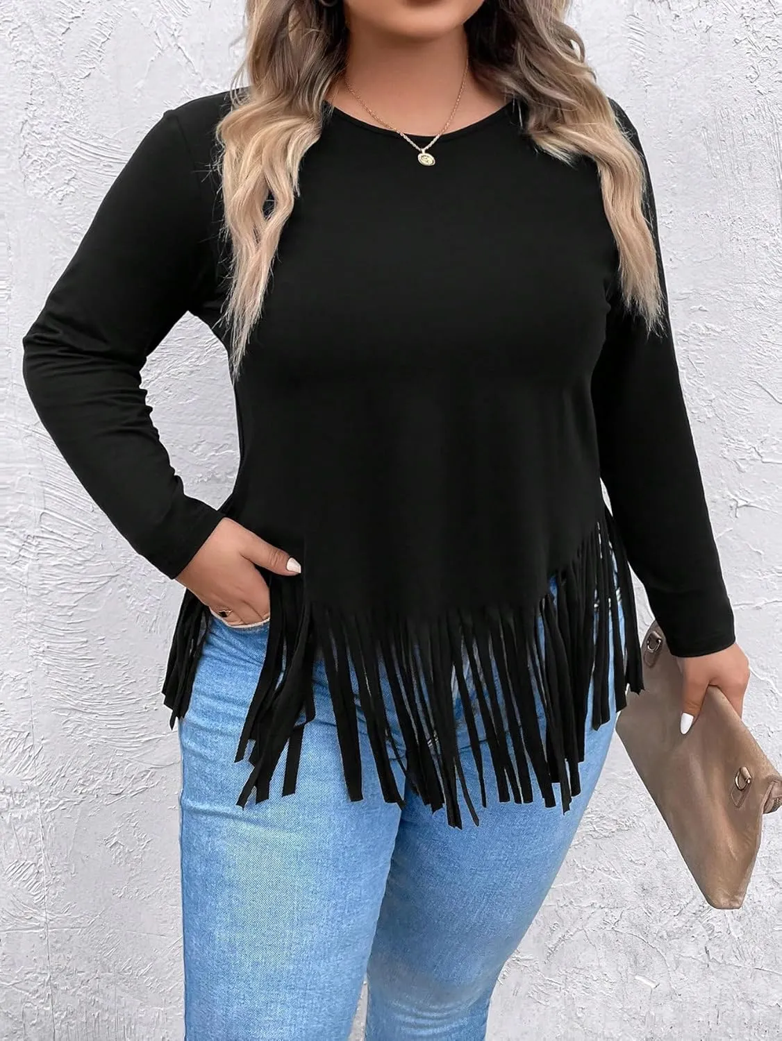 SOLY HUX Women's Plus Size Fringe Hem T Shirts Long Sleeve Round Neck Casual Tee Tops