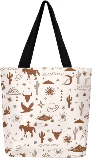 Southwestern Canvas Tote Bag Cabin Canvas Bag Woodland Wildlife Deer Pine Tree Mountain River Retro Tote Bag