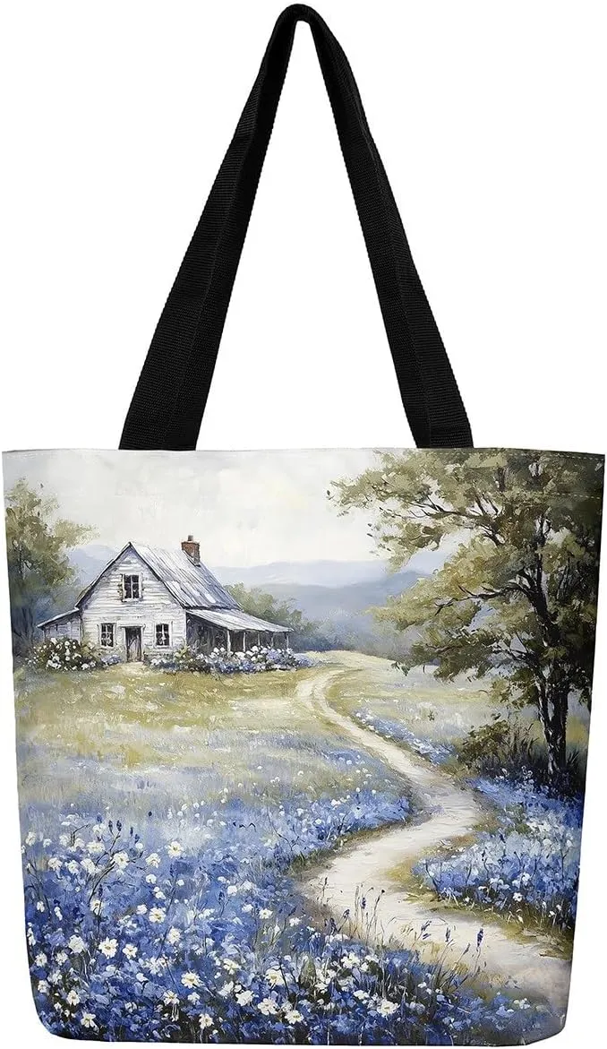 Southwestern Canvas Tote Bag Cabin Canvas Bag Woodland Wildlife Deer Pine Tree Mountain River Retro Tote Bag