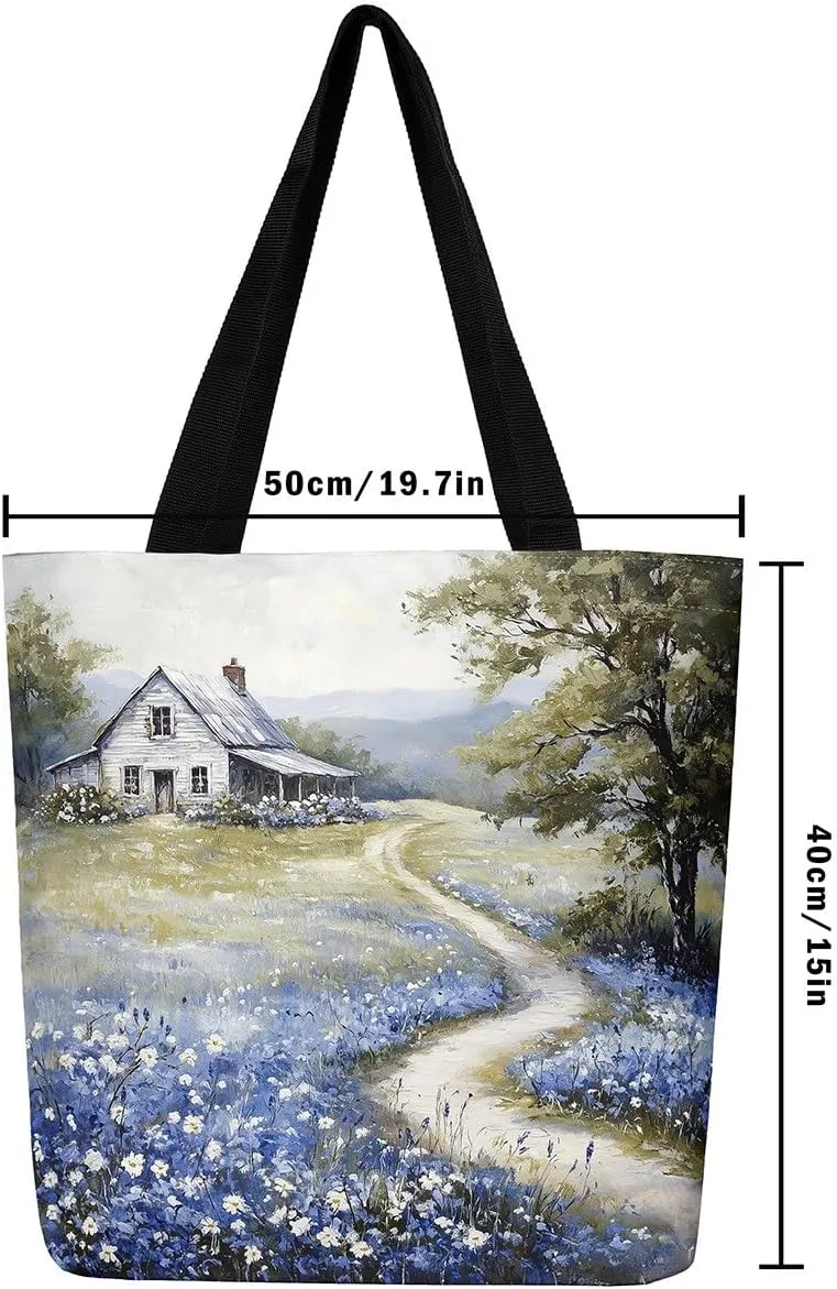 Southwestern Canvas Tote Bag Cabin Canvas Bag Woodland Wildlife Deer Pine Tree Mountain River Retro Tote Bag