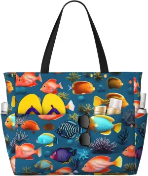 Spacious and Durable Submarine reef fish Printed Beach Travel Bag for Beach Trips, Grocery shopping, Swimming Pools