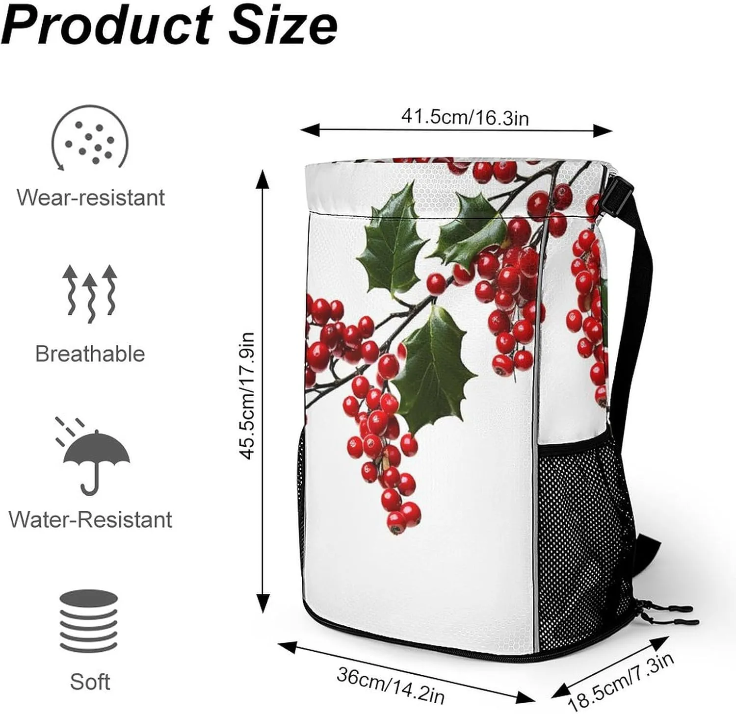 Sports Drawstring Backpack Lightweight Small Gym Bag Holly Berry Branches Gym Sackpack for Women Men