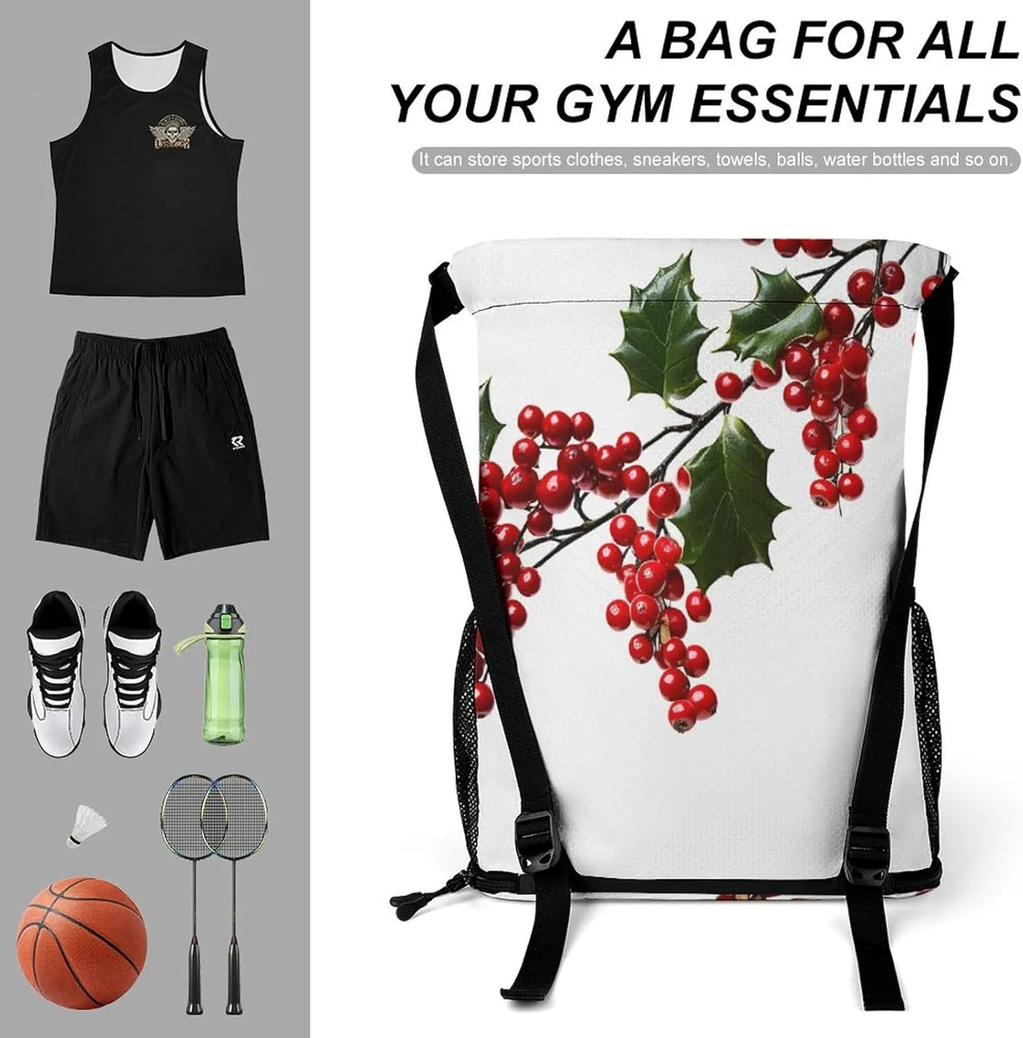 Sports Drawstring Backpack Lightweight Small Gym Bag Holly Berry Branches Gym Sackpack for Women Men