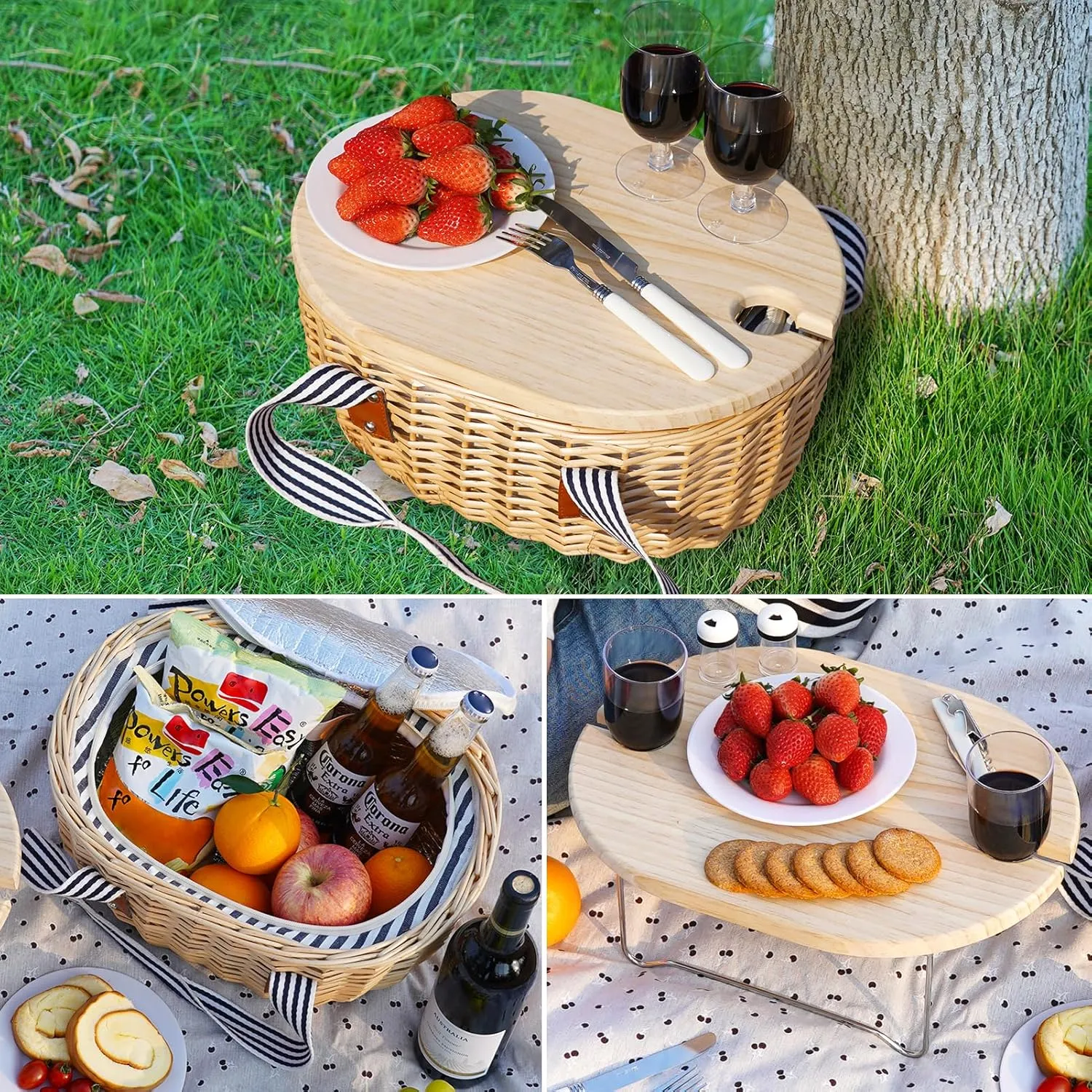 STBoo Picnic Basket for 2 - Wicker Picnic Set with Wine Table | Willow Basket Kit with Insulated Cooler Bag for Camping, Outdoor, Christmas, Party (Stripe)