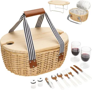STBoo Picnic Basket for 2 - Wicker Picnic Set with Wine Table | Willow Basket Kit with Insulated Cooler Bag for Camping, Outdoor, Christmas, Party (Stripe)