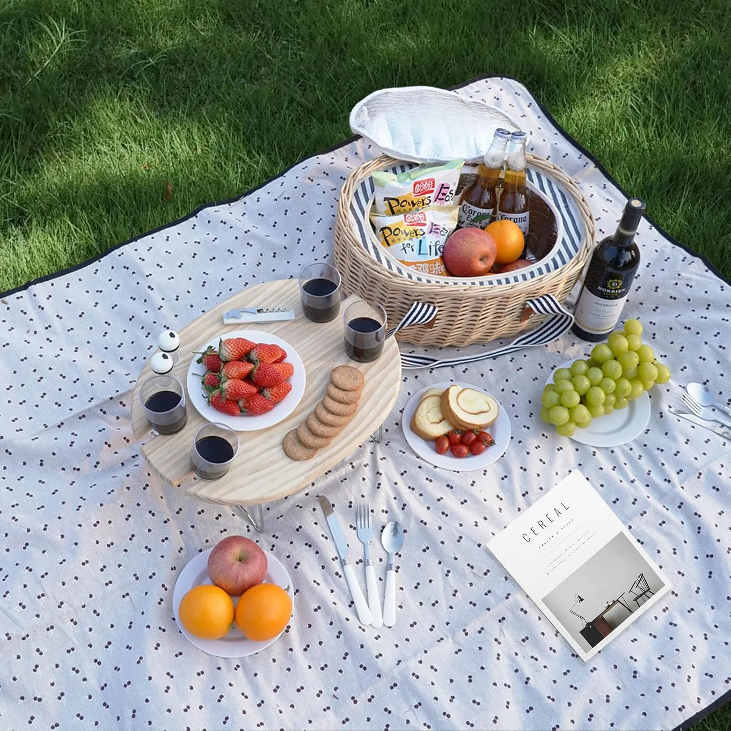 STBoo Picnic Basket for 2 - Wicker Picnic Set with Wine Table | Willow Basket Kit with Insulated Cooler Bag for Camping, Outdoor, Christmas, Party (Stripe)