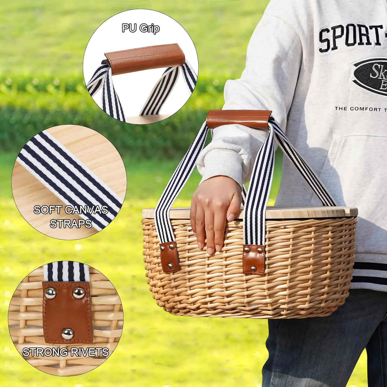STBoo Picnic Basket for 2 - Wicker Picnic Set with Wine Table | Willow Basket Kit with Insulated Cooler Bag for Camping, Outdoor, Christmas, Party (Stripe)