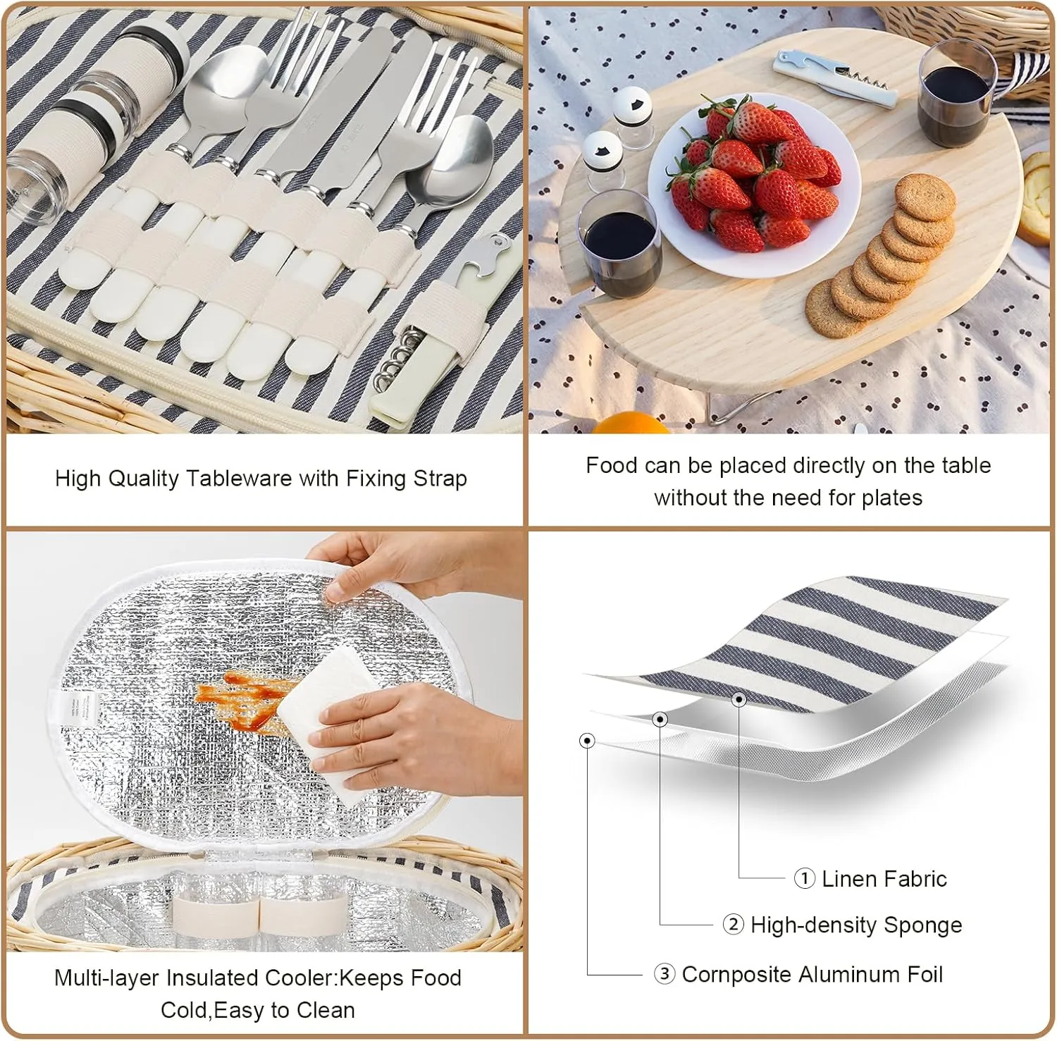 STBoo Picnic Basket for 2 - Wicker Picnic Set with Wine Table | Willow Basket Kit with Insulated Cooler Bag for Camping, Outdoor, Christmas, Party (Stripe)