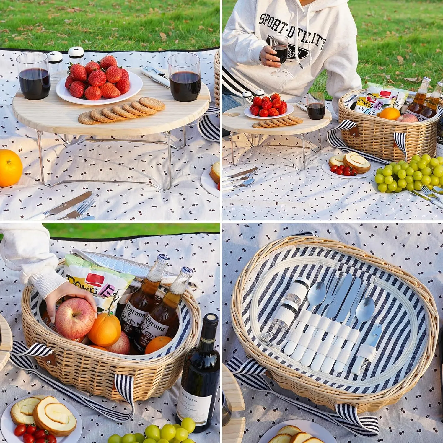 STBoo Picnic Basket for 2 - Wicker Picnic Set with Wine Table | Willow Basket Kit with Insulated Cooler Bag for Camping, Outdoor, Christmas, Party (Stripe)