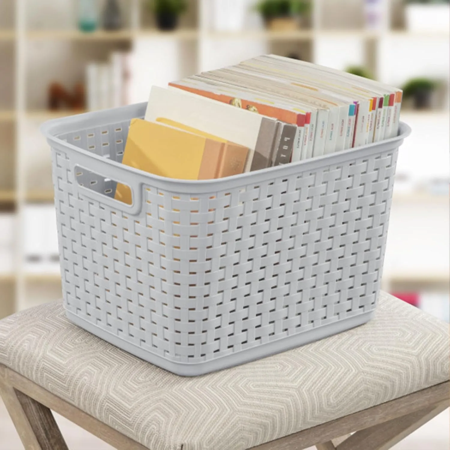 Sterilite 12 Pack Tall Weave Baskets, Plastic Decorative Storage Organizer Bin, Cement Gray