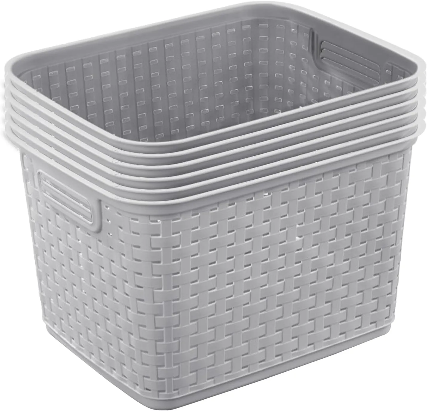 Sterilite 12 Pack Tall Weave Baskets, Plastic Decorative Storage Organizer Bin, Cement Gray