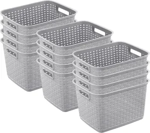 Sterilite 12 Pack Tall Weave Baskets, Plastic Decorative Storage Organizer Bin, Cement Gray