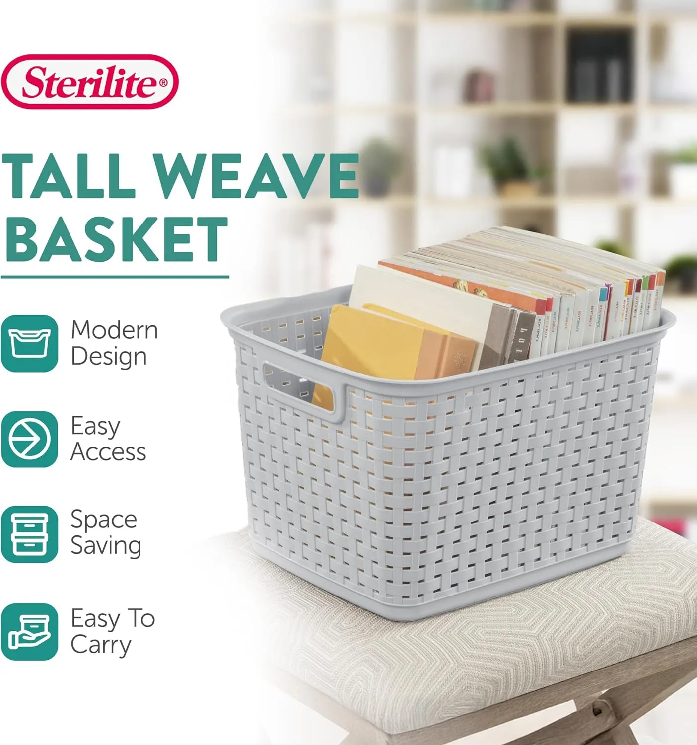 Sterilite 12 Pack Tall Weave Baskets, Plastic Decorative Storage Organizer Bin, Cement Gray
