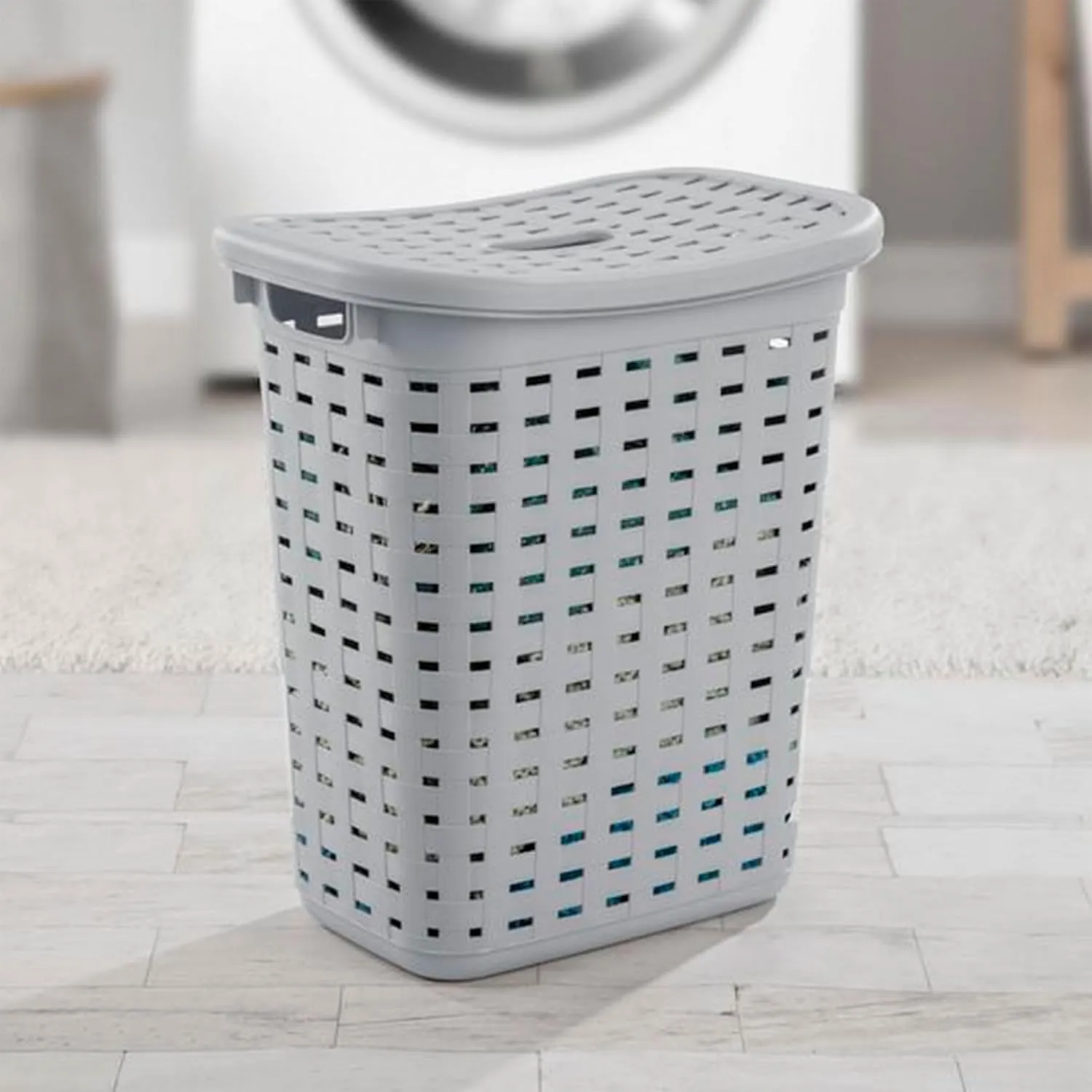 Sterilite Plastic Wicker Style Weave Laundry Hamper, Portable Slim Clothes Storage Basket Bin with Lid and Handles, Cement Gray, 4-Pack