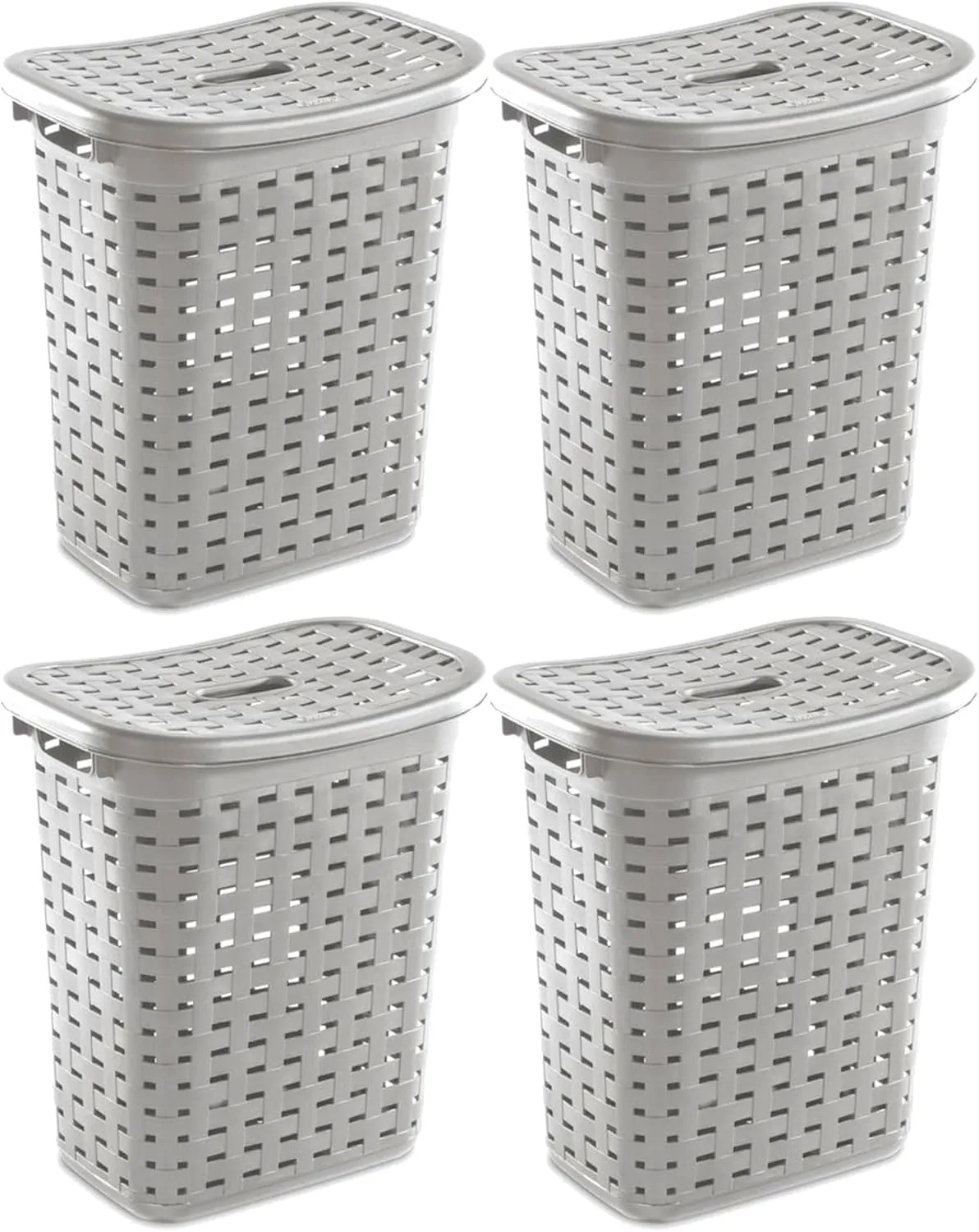 Sterilite Plastic Wicker Style Weave Laundry Hamper, Portable Slim Clothes Storage Basket Bin with Lid and Handles, Cement Gray, 4-Pack