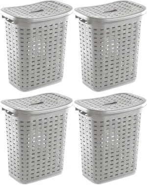Sterilite Plastic Wicker Style Weave Laundry Hamper, Portable Slim Clothes Storage Basket Bin with Lid and Handles, Cement Gray, 4-Pack