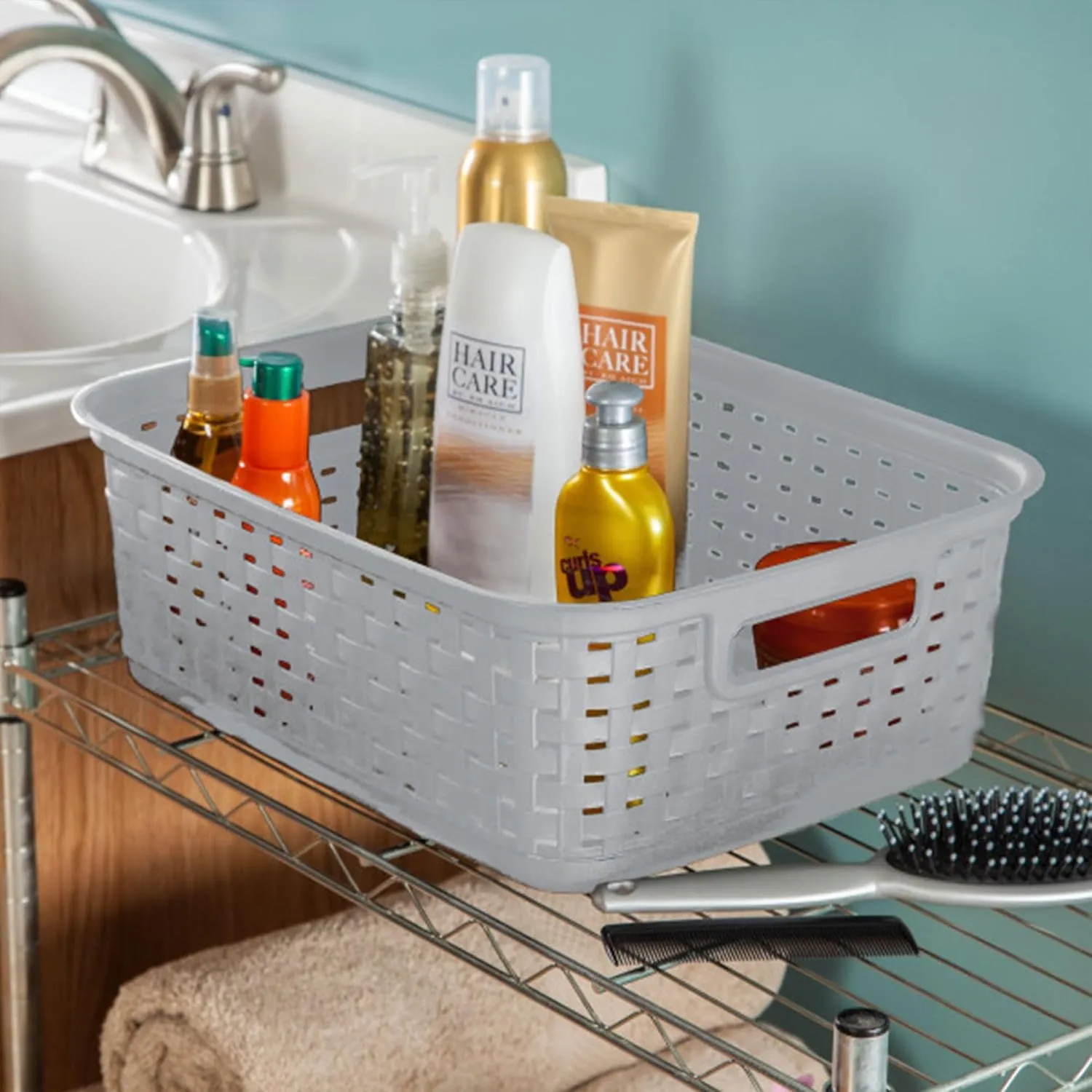 Sterilite Short Plastic Weave Storage Basket, Bin Organization for Countertops, Tabletops, and Shelves for Crafts, Jewelry, Gray, 6-Pack