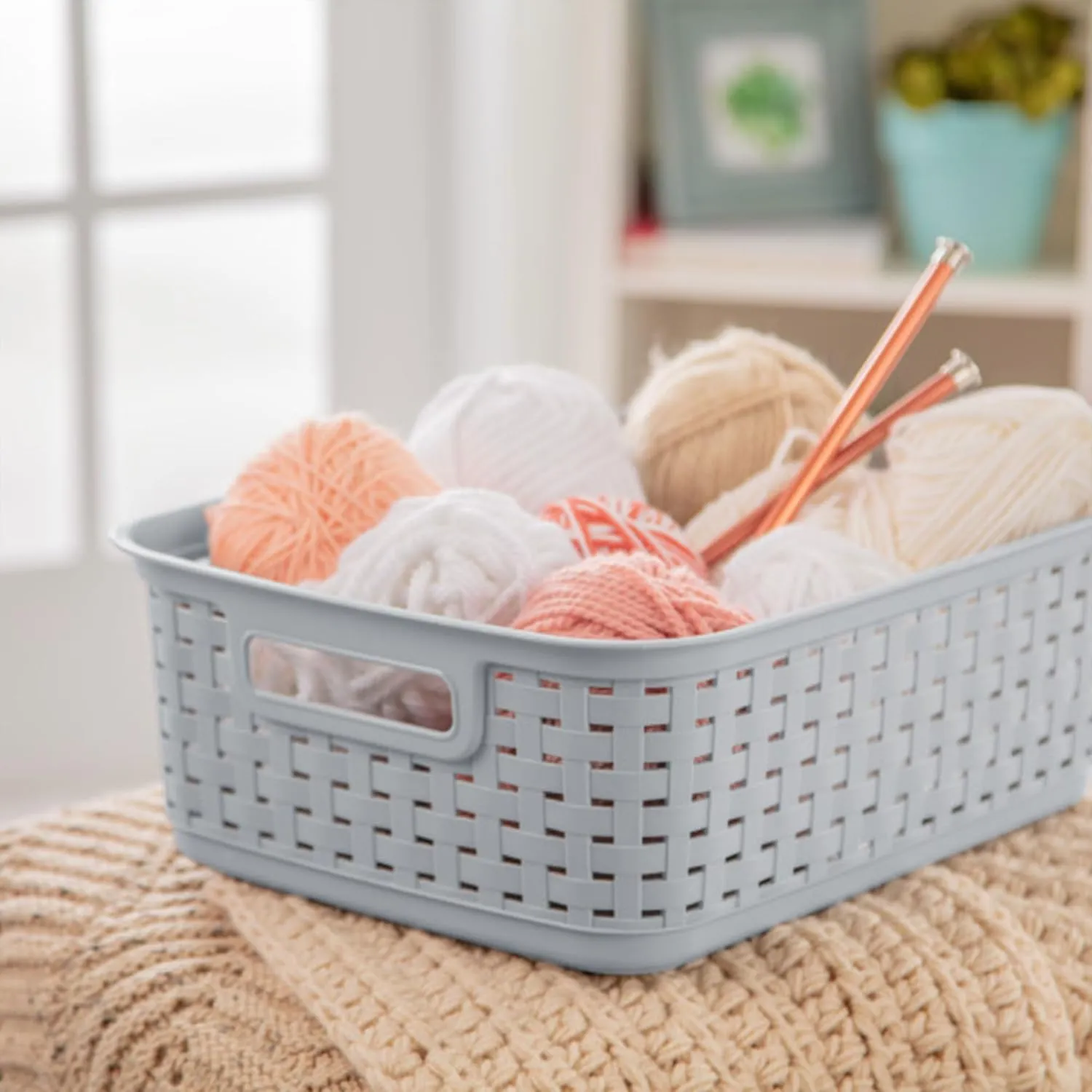 Sterilite Short Plastic Weave Storage Basket, Bin Organization for Countertops, Tabletops, and Shelves for Crafts, Jewelry, Gray, 6-Pack