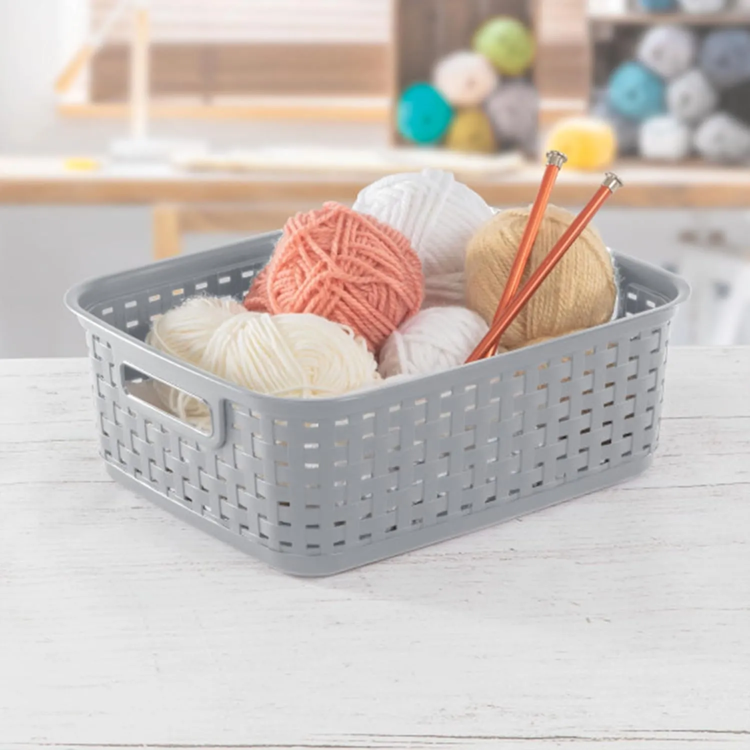 Sterilite Short Plastic Weave Storage Basket, Bin Organization for Countertops, Tabletops, and Shelves for Crafts, Jewelry, Gray, 6-Pack