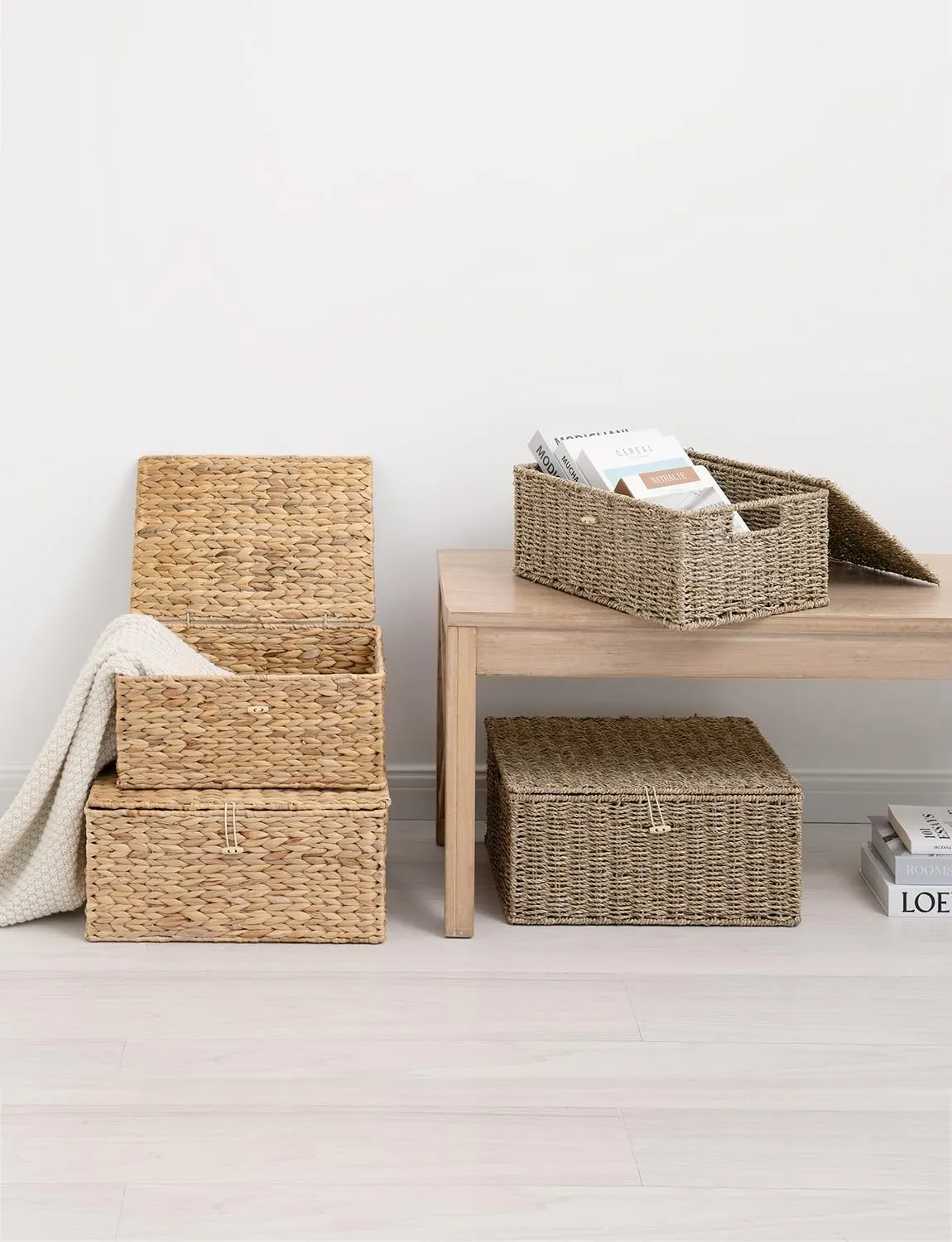 StorageWorks Large Water Hyacinth Baskets for Organizing, Wicker Basket with Lid for Shelves, Storage Basket with Lid and Built-in Handles, 1 Pack
