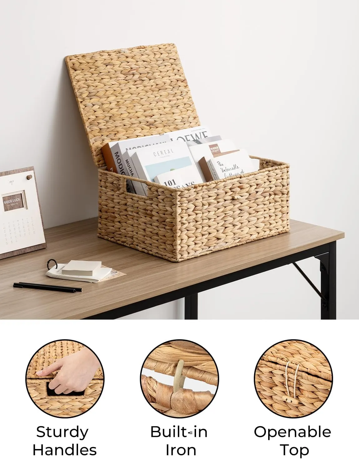 StorageWorks Large Water Hyacinth Baskets for Organizing, Wicker Basket with Lid for Shelves, Storage Basket with Lid and Built-in Handles, 1 Pack